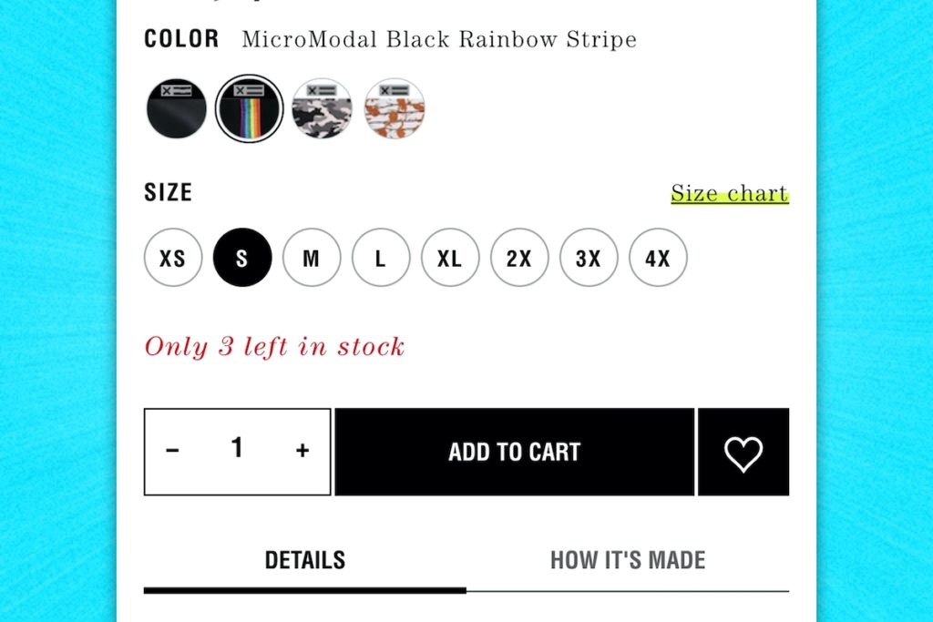 screenshot of scarcity messaging on tomboyx.com